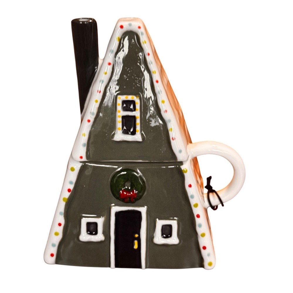West Elm A-Frame Cabin Mug with Lid Christmas Holiday Ceramic Cottage House New